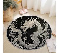 Tapis Design Dessiné À La Main Lignes Dragon Oriental Rond 80 cm Tapis Rond Poils Ras Antidérapant pour Salon, Chambre à Coucher, Salle à Manger, Blanc Noir