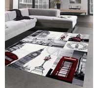 Tapis design patchwork Londres crème gris avec accents rouges