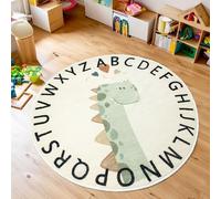 Tapis Design Tapis Rond Doux et Mignon à Poils Courts pour Chambre d'enfant Garçons et Filles - Motif Dinosaure - pour Salle de Jeux - 80 cm - Beige et Bleu Canard