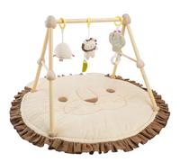 Tapis D'eveil Bebe 4 en 1,avec arche de jeu en bois naturel, 3 Peluches Amovibles,Développement Visuel, Auditif,Tactile et Cognitif,pour 0-3-6-12-36 mois Bébé,Cadeau de Naissance Idéal,Braun-Löwe