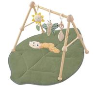 Tapis D'eveil Bebe 4 en 1,avec arche de jeu en bois naturel, 3 Peluches Amovibles,Développement Visuel, Auditif,Tactile et Cognitif,pour 0-3-6-12-36 mois Bébé,Cadeau de Naissance Idéal (feuille)