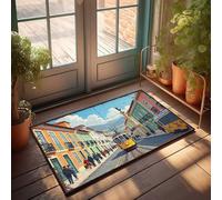 Tapis d'extérieur pour porte d'entrée, scène de rue colorée avec tramway et architecture historique, paillasson Emo décoration de chambre rétro (40 x 60 cm)