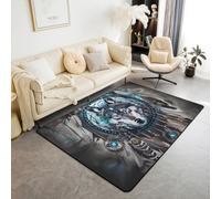 Tapis d'intérieur avec attrape-rêves loup pour enfants, jeu vidéo tribal indien bohème pour filles et garçons, tapis d'entrée exotique du Sud-Ouest Amérique du Sud-Ouest, décoration de salon, noir et