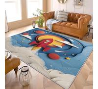 Tapis Doux à Poils Courts 120x170 cm Dessin Animé FuséE ThèMe Spatial Antidérapant avec Dessous en TPR, Lavable en Machine Bleu Tapis de Sol Intérieur pour Salon, Chambre, Chambre d’Enfant