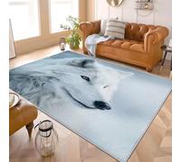 Tapis Doux à Poils Courts 120x170 cm Gros Plan sur Un Loup Arctique Antidérapant avec Dessous en TPR, Lavable en Machine Blanc Tapis de Sol Intérieur pour Salon, Chambre, Chambre d’Enfant