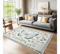 Tapis Doux et antidérapant Papillons, Fleurs, Style William Morris Imprimé 180x250 Lavable en Machine - pour Salon, Chambre à Coucher, Salle à Manger Bleu Orange