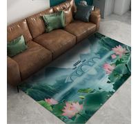 Tapis élégant de Style Frais Tapis antidérapant Lotus Feuilles Lavage à l’Encre Montagnes Arche Pont et Pavillon Tapis à Poil Bas Lavable 100x150cm