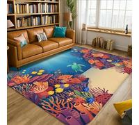 Tapis en éponge à poils courts motif tortue - Nature sous-marine - Poisson corail - Bleu d'été - Tapis d'intérieur - Ne perd pas ses poils - Pour salon, chambre à coucher, salle de ortoir