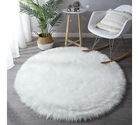 Tapis en Fausse Fourrure Blanc 130cm, Antidérapant Tapis en Peau de Mouton, Tapis Salon Shaggy Poil Long Doux Moderne Rond, Man-Made Luxe Laine Tapis de Canapé Coussin