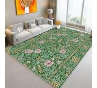 Tapis en Flanelle 60 X 90 Cm - Style William Morris Fleurs Herbe Frisée Ultra Doux Lavable Antidérapant Poils Ras Ne Peluche Pas Vert Foncé Rose pour Chambre Cuisine Salon Tapis en Faux Laine