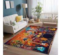 Tapis en Flanelle 80 x 150 cm, Gribouillages Éléments musicaux Batterie imprimés, Coloré Ultra Doux Lavable Antidérapant Ne Peluche Pas Tapis pour Salon Cuisine Chambre Décor