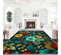 Tapis en Flanelle Antidérapant et Lavable 160 x 230 cm - Tapis Imprimé Motif Vintage Fleurs Baies Feuilles, pour Salon Chambre à Coucher et Chambre d’Enfants, Coloré Décoration de la Chambre