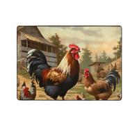 Tapis en flanelle imprimé de ferme - Motif poulet et coq - 203,2 x 147,3 cm - Tapis de sol doux en mousse à mémoire de forme qui ne perd pas ses poils - Tapis chaud et silencieux pour chambre à
