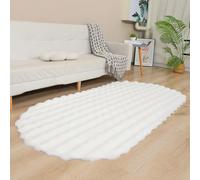 Tapis en peluche douce pour chambre à coucher, salon, tapis de chevet ovale en fausse fourrure de lapin, ne perd pas ses poils - tapis décoratif d'intérieur (blanc, 60 x 180 cm)