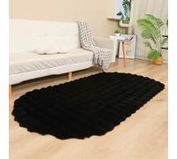 Tapis en peluche douce pour chambre à coucher, salon, tapis de chevet ovale en fausse fourrure de lapin, ne perd pas ses poils - tapis décoratif d'intérieur (noir, 60 x 100 cm)