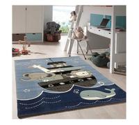 Tapis enfant 60x110 rectangle tissé bleu motif animaux ETELDA