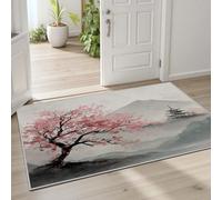 Tapis Enfant Fleurs de Cerisier Fleur de Prunier Rose Paillasson 60x90cm Mont Fuji Paysage Japonais Tapis Entree Interieur Lavable Doux à Poils Courts Antidérapant pour Cuisine Chambre à Coucher