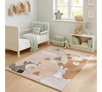 Tapis Enfant Grsi Beige Maui Kids Renard et Ours, Tapis à Poils Courts pour Chambre d'enfant, Disponible en 5 Tailles