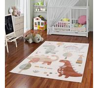 Tapis Enfant Maui Kids Dinosaures Beige Vert - Tapis Doux de Jeu avec Motifs de Dinosaures pour Chambre d'enfant et Salle de Jeux, Facile à Nettoyer et Couleurs Vives