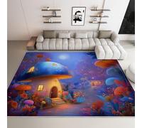 Tapis Enfant pour Salle de Jeux et Chambre, Flanelle Lavable en Machine Antidérapant Hypoallergénique, 180 x 240 cm, Style Maison Champignon Féerique, Bleu et Violet
