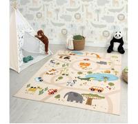 the carpet Happy Life Tapis de Jeu, pour la Chambre, Convient aux Enfants, avec Motif de la Rue, de la Route, de la Jungle, des Animaux et des Voitures, Beige, 160 x 220 cm