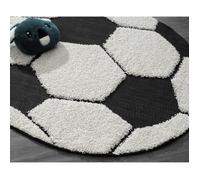 the carpet Lou - Tapis Doux pour Enfant - Doux - Facile d'entretien - Couleurs résistantes - Aspect 3D - Motif Football - Noir/crème - 80 cm - Rond