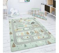 Tapis enfants - PACO HOME - Route Ours Élan Arbres Vert Gris - 80 cm rond - Synthétique - Moderne