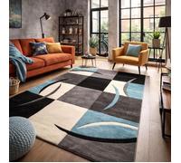 tapis entrée 40x60 tissé bleu rectangle motif damier LYN8 COMMA