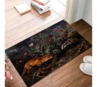 Tapis Entree Interieur 45 X 75 Cm, Paillasson Interieur Renard Chardon | Tapis De Sol Absorbant Lavable Antidérapant Nature Morte Forêt Peinture À L'Huile,Paillasson Entrée Fin Pour Couloir, Vert