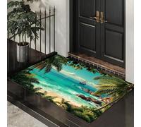 Tapis Entree Interieur 80 x 120 cm, Tapis De Sol Antidérapant Cocotiers Mer Voiliers, Paillasson Paysages Tropicaux En Bord De Mer Lavable Facile à Nettoyer, Paillasson Fin Pour Couloir, Vert