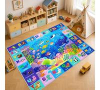 Tapis Entree Interieur Alphabet Animaux Marins 40x60cm Antidérapant | Tapis de Porte Chambre d'enfant Bleu Lavable en Machine, Petit Tapis Doux pour Couloir Cuisine Descente de Lit, Mh638