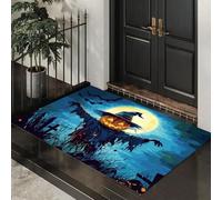 Tapis Entree Interieur Antidérapant - 60 x 120 cm Paillasson Cimetière D'Halloween Lavable En Machine, Tapis de Porte Épouvantail À Tête De Citrouille Absorbante pour Porte, Couloir, et Balcon - Bleu