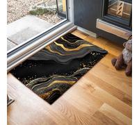Tapis Entree Interieur Antidérapant - 90 x 150 cm Paillasson Dessin Au Trait en Feuille d'or Lavable en Machine, Tapis de Porte Marbre Abstrait Absorbante pour Porte, Couloir, et Balcon - Noir