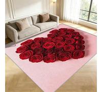 Tapis Entree Interieur Fleur Rose Rouge 60x90cm Petit Tapis Amour Antidérapant Lavable Doux Poils Courts Decoration 3D Thème Romantique Paillasson pour Chambre, Entrée, Porte et Couloir a/1054