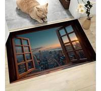 Tapis Entree Interieur Horizon De La Ville 40 x 60 cm Lavable en Machine | Tapis Coucher De Soleil Vue Par La Fenêtre AntidéRapant Poil Ras, pour Chambre, Cuisine, Entrée, Decoration,Bleu Brun