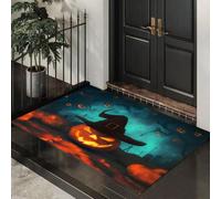 Tapis Entree Interieur Lanterne Citrouille Chapeau De Magicien 60 X 90 Cm | Paillasson Scène D'Halloween Antidérapant Lavable, Tapis Entree Absorbant À Profil Bas Pour Entrée, Porte Et Couloir,Bleu