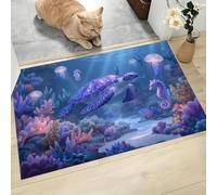 Tapis Entree Interieur Océan Romantique Et Apaisant 45x75cm Lavable en Machine, paillasson AntidéRapant Poil Ras, Tortue Marine Hippocampe Corail pour Chambre Salle a Manger Cuisine, Bleu Violet
