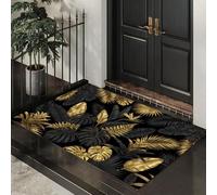 Tapis Entree Interieur Paillasson 40X60Cm Feuilles Tropicales De Luxe, Tapis Cuisine Devant Evier Antidérapant Lavable Paillasson Jungle De Feuilles De Palmier Pour Entrée Couloir, Cuisine, Or Noir