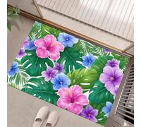 Tapis Entree Interieur Paillasson 50 x 80 cm, Tapis Cuisine Devant Evier Antidérapant et Lavable en Machine Tapi Fleurs tropicales Hibiscus et feuilles de palmier pour Entrée Couloir, CuisineRose Vert