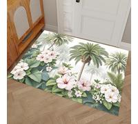 Tapis Entree Interieur Paillasson 50 x 80 cm, Tapis Cuisine Devant Evier Antidérapant et Lavable en Machine Tapi Style Tropical Hibiscus Palmier pour Entrée Couloir, CuisineVert