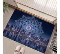 Tapis Entree Interieur Paillasson 90 x 150 cm, Tapis Cuisine Devant Evier Antidérapant et Lavable en Machine Tapi Vue nocturne de la ville Tour Mandala pour Entrée Couloir, Cuisine, Porte Violet