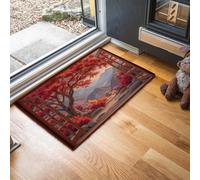 Tapis Entree Interieur,Paillasson Lavable En Machine,Fenêtres Réalistes À Feuilles Rouges,Paysages Montagne D'Automne,À Poils Courts,Antidérapant Et Doux,Idéal Pour Entrée ,Couleur Orange,50 X 80 Cm