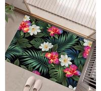 Tapis Entree Interieur, Paillasson Lavable en Machine, Style Tropical Hibiscus à Feuilles de Palmier, à Poils Courts, Antidérapant et Doux, Idéal pour Couloir,Vert foncé, 90 x 150 cm