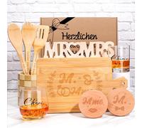 Tapis et Ensembles Coffret Cadeau de Mariage 10 Pièces, Bambou avec Planche, Verres, Dessous de Verre, Ustensiles de Cuisine, Support et Décoration MR & MRS,Cadeau Couple Marié
