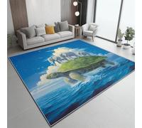 Tapis Fantaisie Éléphant Tortue Bleu Vert 60 X 90 Cm - Poils Courts Ultra Doux, Lavable en Machine, Antidérapant, Ne Peluche Pas - Tapis Rectangulaire pour Salon, Chambre, Cuisine