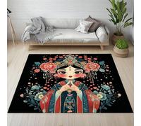 Tapis Fille Kawaii Dessin Animé Fleur Pivoine Tapis Antidérapant Oriental Chinois Culture Paillasson Enfant Lavable Poils Ras Doux 80x160 cm pour Salon Chambre à Coucher