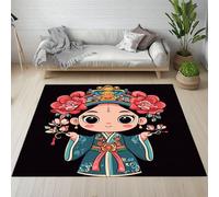 Tapis Fille Kawaii Dessin Animé Fleur Pivoine Tapis Antidérapant Oriental Chinois Culture Paillasson Enfant Lavable Poils Ras Doux 80x160 cm pour Salon Chambre à Coucher