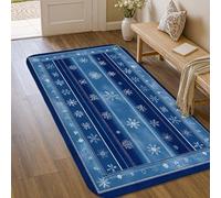 Tapis flocon de neige avec bordure à rayures festives d'hiver bleu à poils courts en éponge pour entrée, salle de bain, cuisine, décoration de porte, 0,9 x 1,5 m