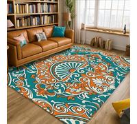 Tapis floral bohème vintage ornement éventail printemps bleu sarcelle antidérapant doux tapis résistant aux taches pour salon, chambre à coucher, salle à manger, bureau, décoration de bureau 1,5 x 2,1