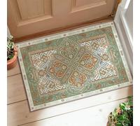 Tapis floral traditionnel élégant géométrique ornemental printanier vert antidérapant avec bord relié Tapis de porte rectangulaire pour salle de bain, entrée, cuisine, table de chevet, 0,6 x 0,9 m